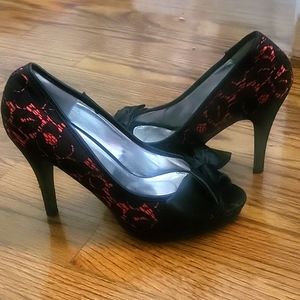 Red black lace peep toe high heel stiletto